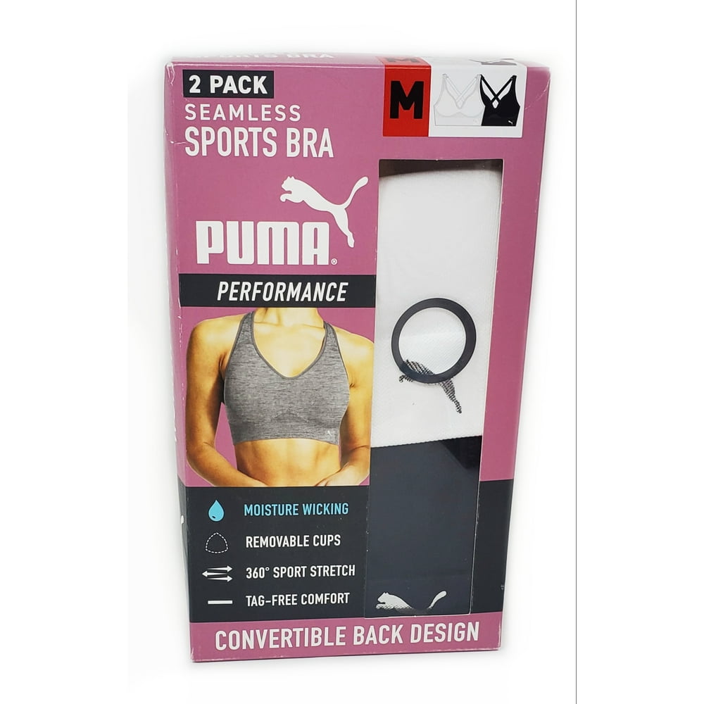 PUMA 2 Pack Seamless Sports Bra, Size M (White, Black)