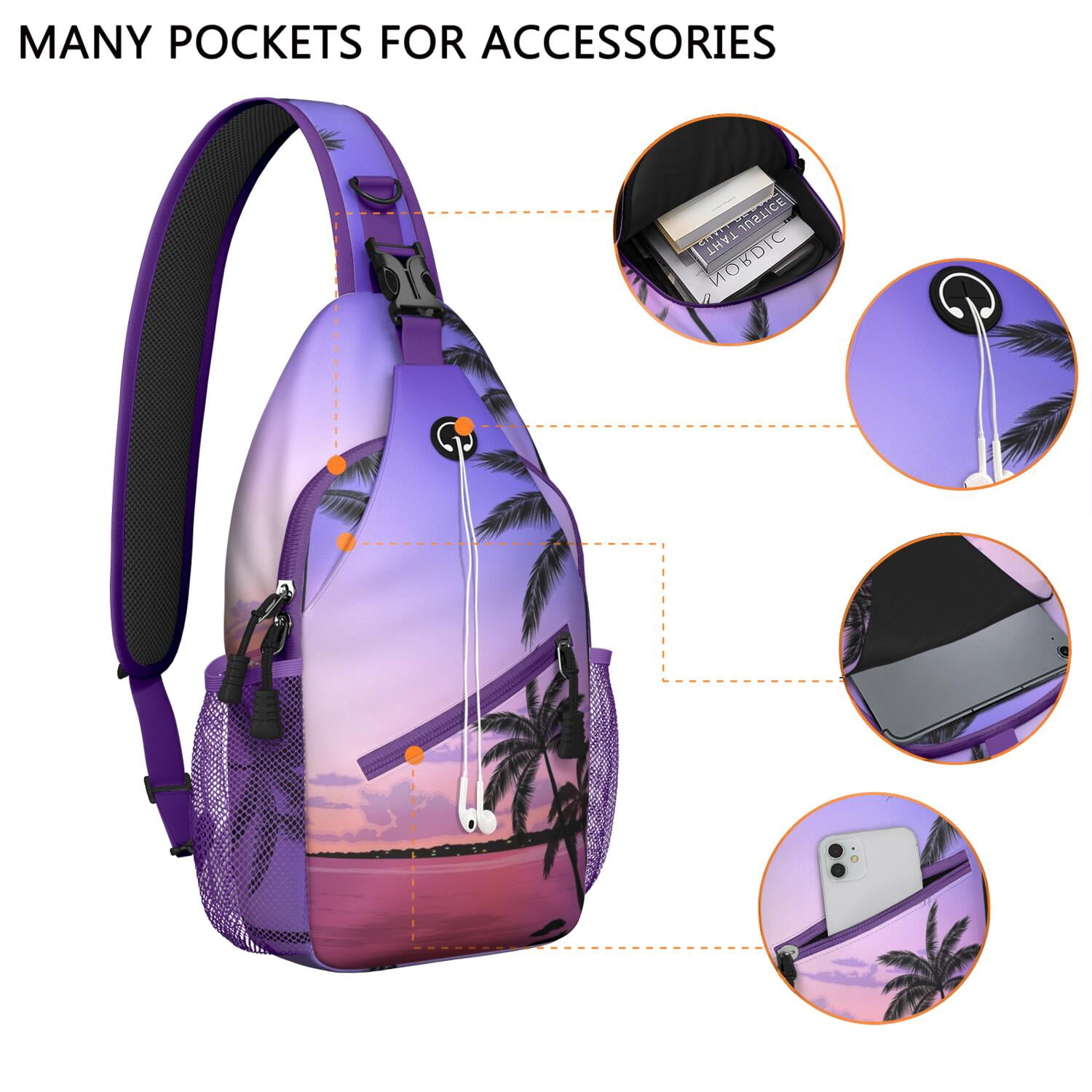 Ocean Sunset with Palm Trees Sling Bag - Anti-Theft Lightweight Shoulder Backpack - Travel-Ready for Hiking, Biking & Commuting