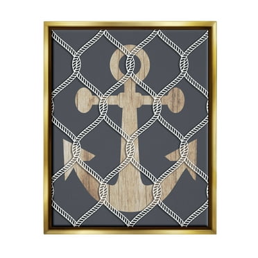 Stupell Nautical Anchor Linked Rope Landscape Painting Gold Floater Framed Art Print Wall Art