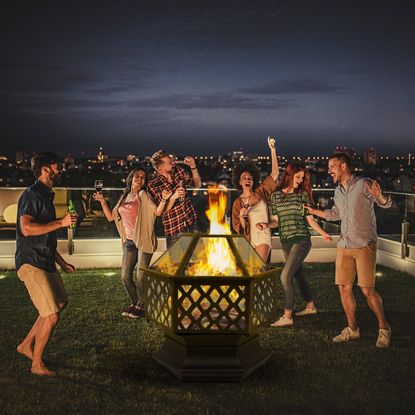 22" Hexagonal Iron Brazier, Deep Fire Pit with Spark Guard, Heat-Resistant Paint, Lightweight for Yard,Poolside,Backyard, Distressed Bronze