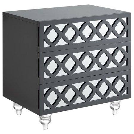 Serenity Dark Grey Glossy Mirrored Nightstand 3 Drawers Modern