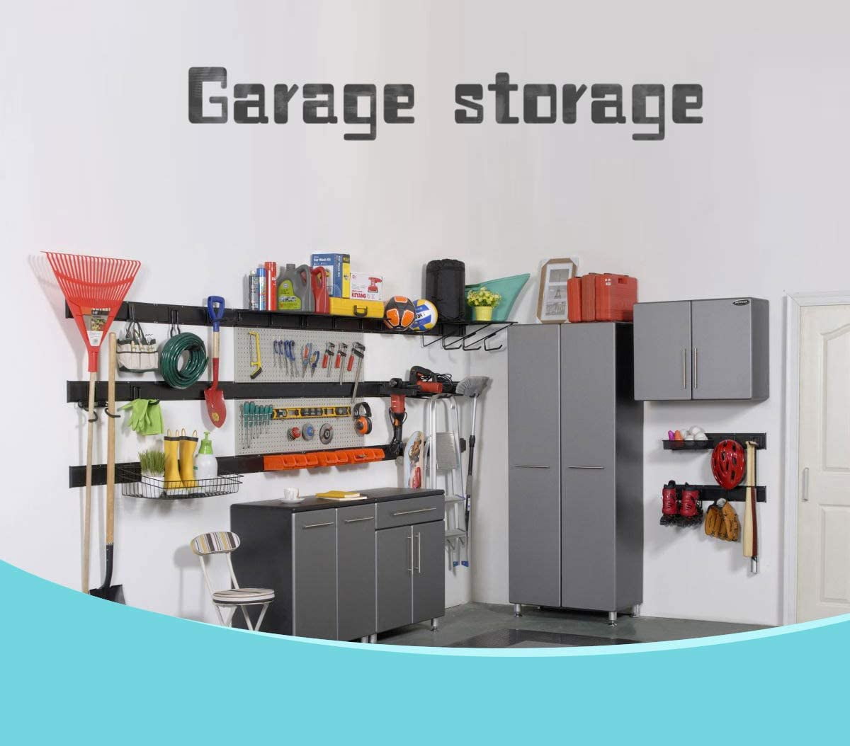 13 PCS Tool Storage Rack, 64 Inches Adjustable Garage Organization Wall Mounted Storage System with 9 Hooks, Heavy Duty Steel Garden Tool Organizer Wall Holders