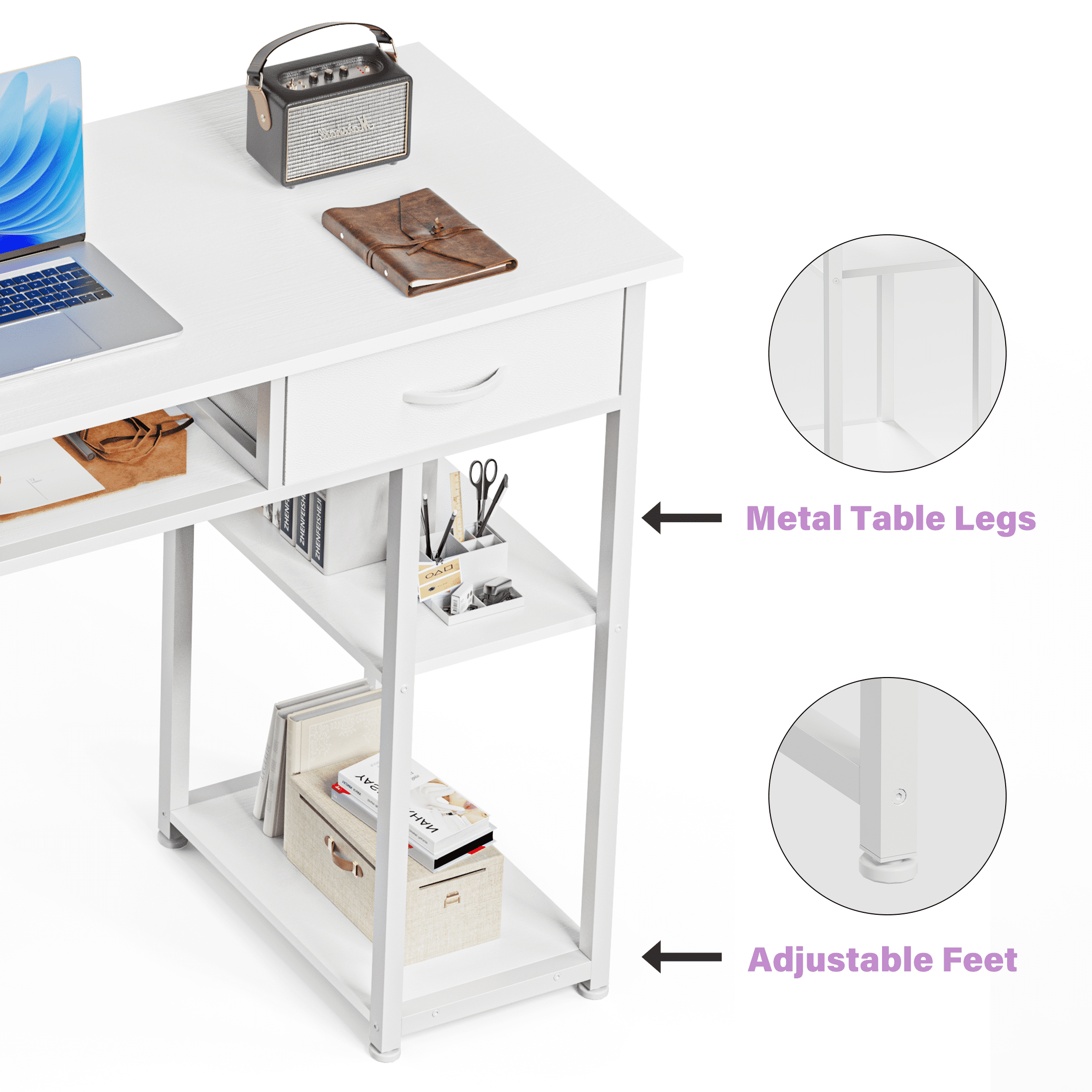 CONCETTA 48 inch Small Desk with Fabric Drawers & Storage Shelves, Computer Desk, Writing Desk for Home Office, Bedroom, White