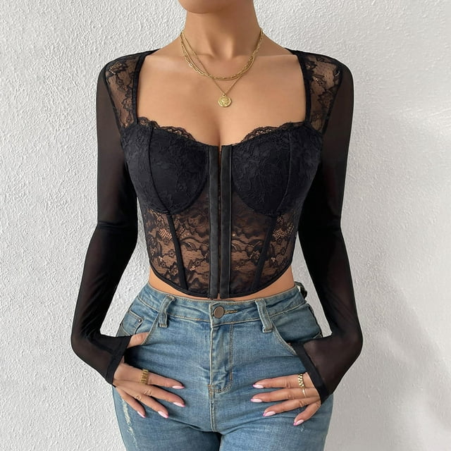 LSLJS Women's Sexy Dentelle Perspective Maille Imprimé Fleur Rétro Sangle d'Arête de Poisson Taille, Corset Top