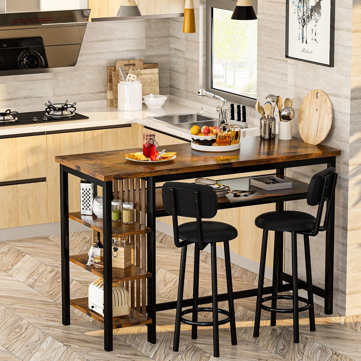 LinkRomat Bar Table and Chairs Set for 2, Marble Kitchen Island Table with 2 PU Bar Stools, Tall Kitchen Table and Chairs with Storage for Small Spaces, Home & Apartment, Brown