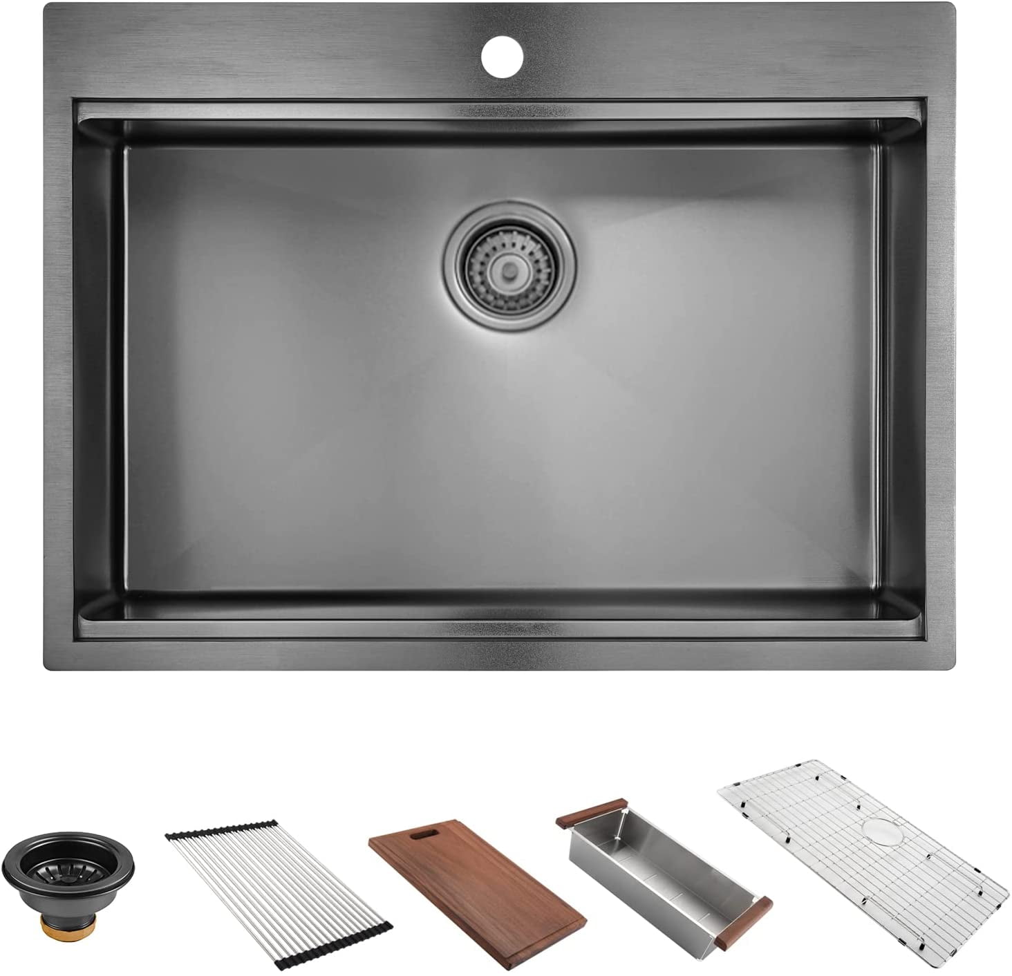 33x22-Inch Gunmetal Black Drop In Kitchen Sink Workstation - VOKIM 33 Inch  Single Bowl Topmount Sink 16 Gauge Stainless Steel 10'' Deep Handmade