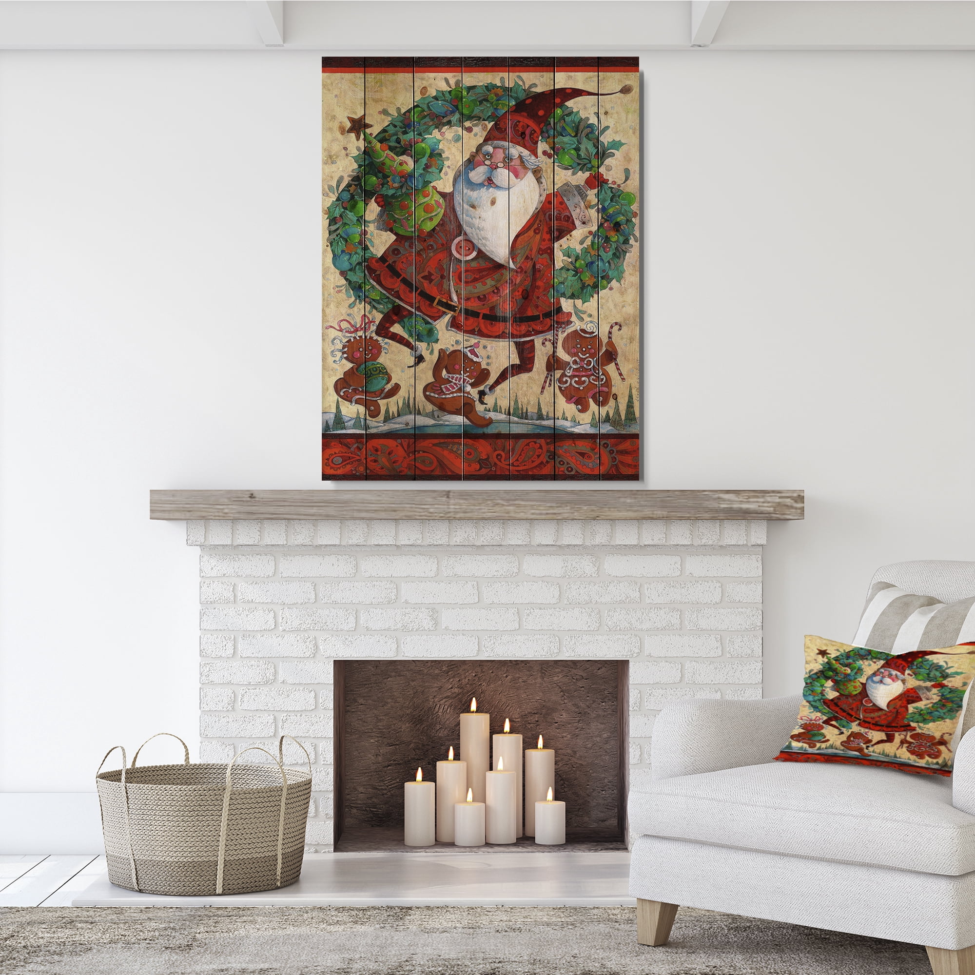 Designart 'Frolic Santa with Gingerbread Men and Wreathe' Print on Natural Pine Wood