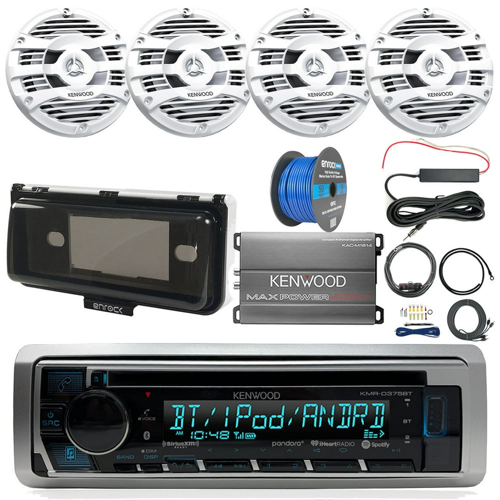Pontoon Boat Audio Package Kenwood KMRD375BT Marine CD Bluetooth Receiver, SingleDIN Radio
