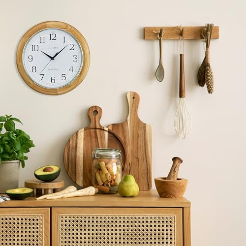 Bulova Wooden Atomic analog wall clock, C5005 Atomic Time 2, sets automatically, quartz battery.
