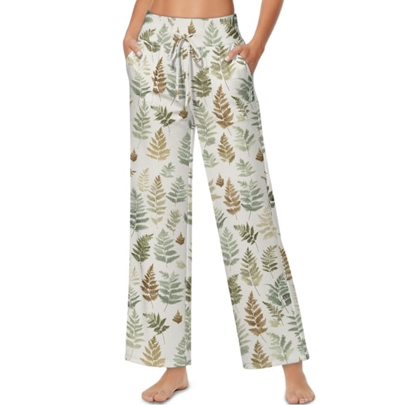 SCRAWLGOD Leaf Print Green Beige Women Flowy Pants Drawstring High Waist Wide Leg Palazzo Pants Loose Fit Lightweight Trendy Lounge Trousers with Pockets, S