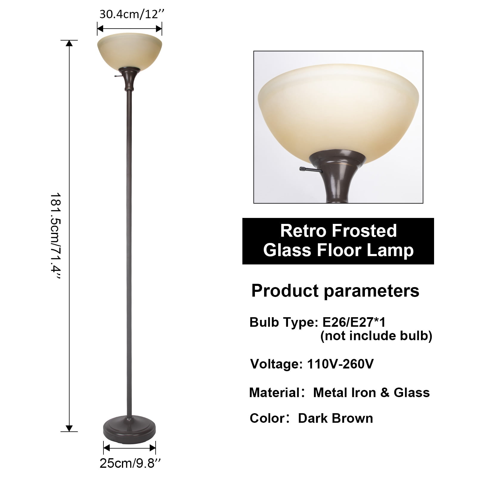 HonoDing 72-inch Elegant Vintage Art Deco Floor Lamp with Frosted White Glass Shade(Brown)