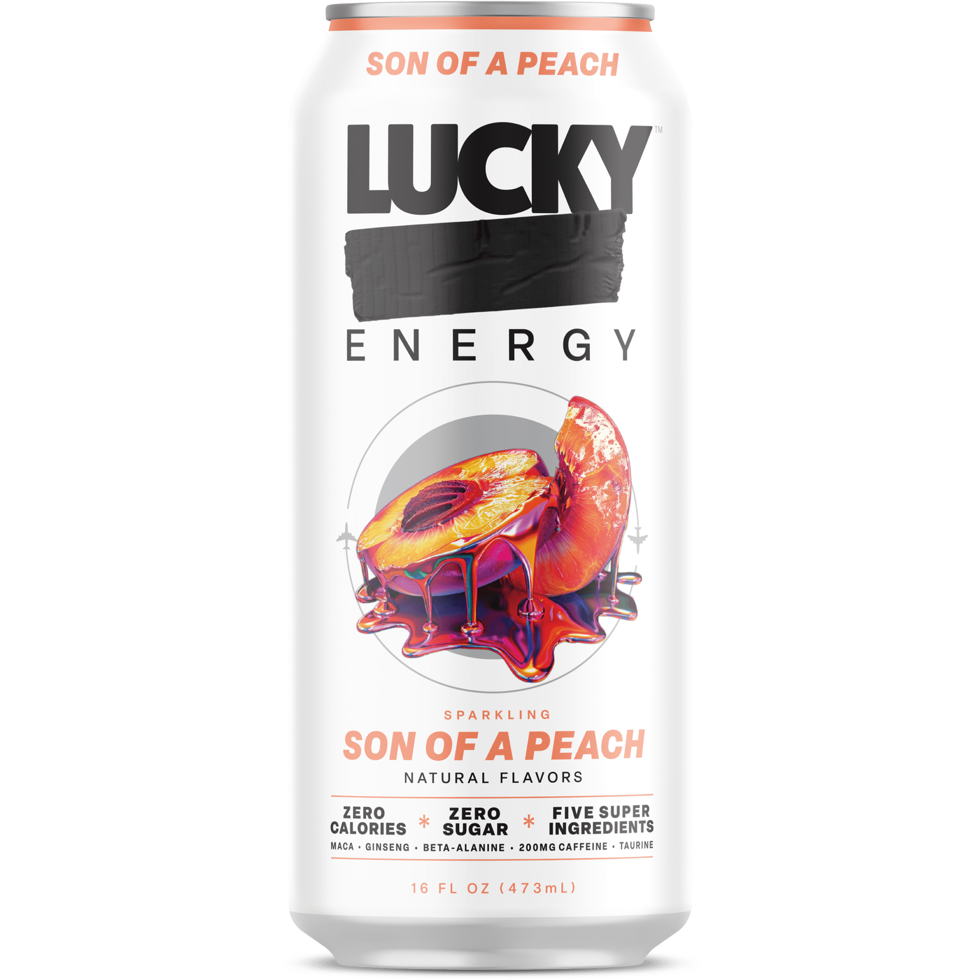 Lucky Energy Sugar Free Energy Drinks 16 fl oz Can, Son of a Peach with Maca, Ginseng, Taurine, Beta-Alanine, 200mg Caffeine, Zero Calories
