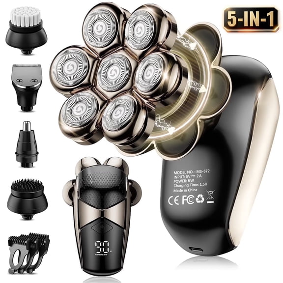 Skdwakiz Head Shavers for Bald Men, Magnetic Electric Razor, 7D Rotary Shaver 5 in 1 Grooming Kit, IPX7 Waterproof, Wet/Dry, LED Display, Rechargeable, Cordless