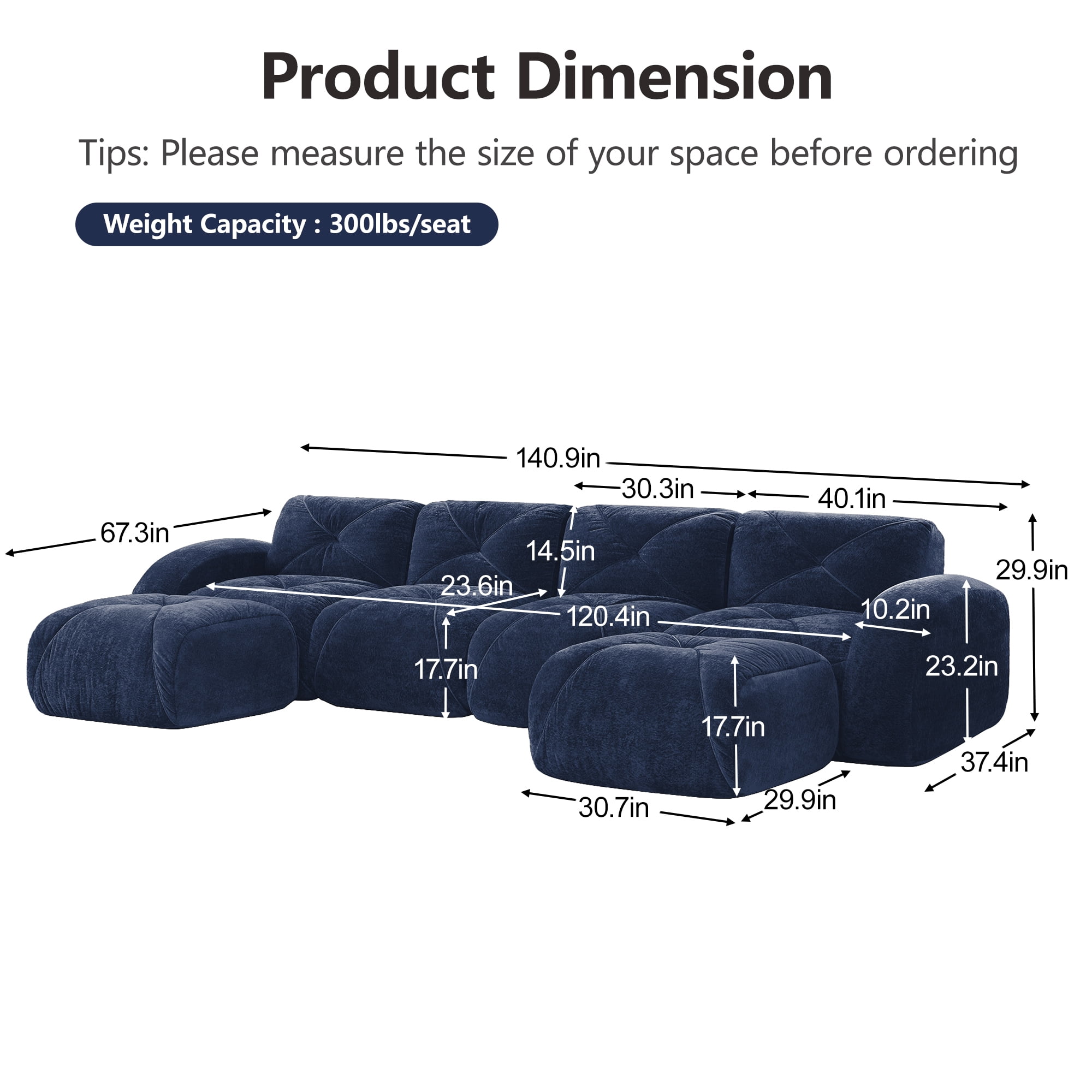 AISWORD 140" 4-Seat U-Shaped Modular Daybed with 2 Ottomans, Ultra-Soft Boneless Sectional with 32D High-Density Foam & Anti-Slip Bottom, No Assembly Required