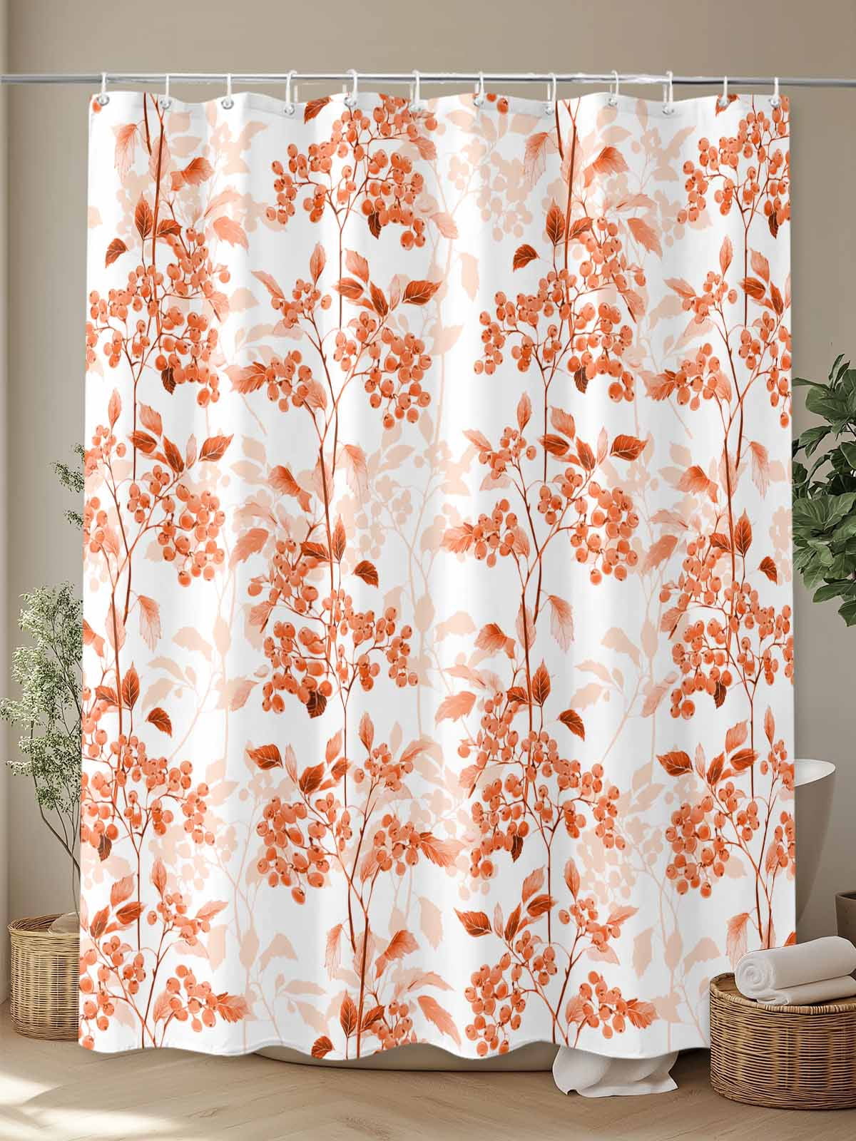Boanket Polyester Fabric Burnt Orange Botanical Shower Curtain, Vintage Nature Flower Waterproof Bathtub Curtain Bathroom Decor Set with Hooks 60 x 72 Inches,