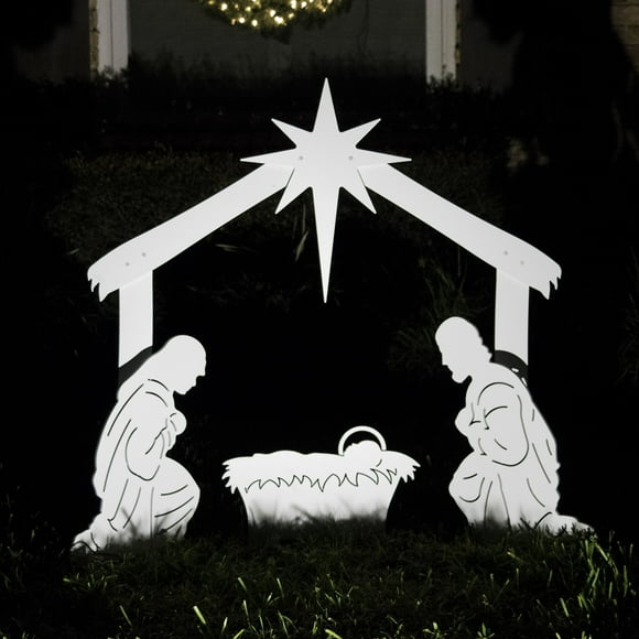 Teak Isle Crèche Extérieure - Ensemble de Crèche de Cour Holy Family. Fabriqué aux É.-U. Matériaux Durables Assemblage Simple Rangement Compact. Blanc. Plastique Solide.
