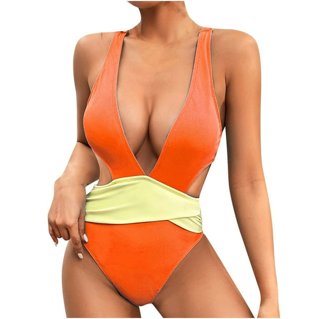 Penkiiy Women's One Piece Swimsuit V Neck Cutout Bathing Suit Ruched Drawstring S Orange