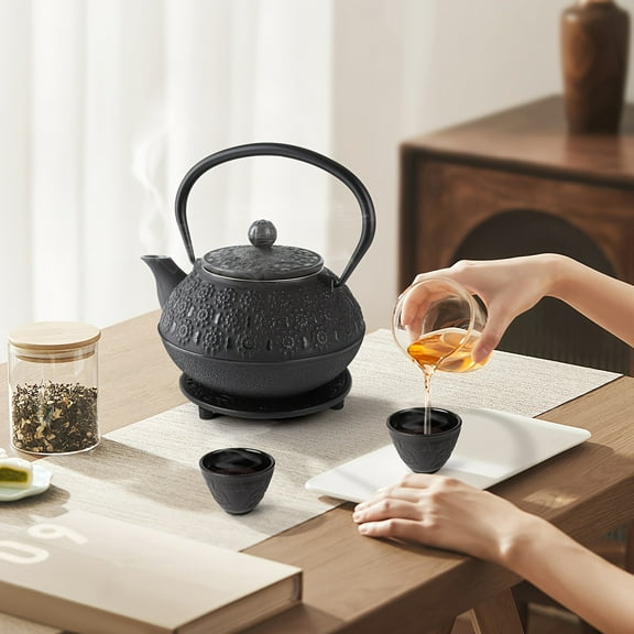 Black Cast Iron Teapot Set - Japanese Design (30 Oz/ 900 Ml) With 4 Tea Cups (2 Oz Each), Leaf Infuser, And Trivet