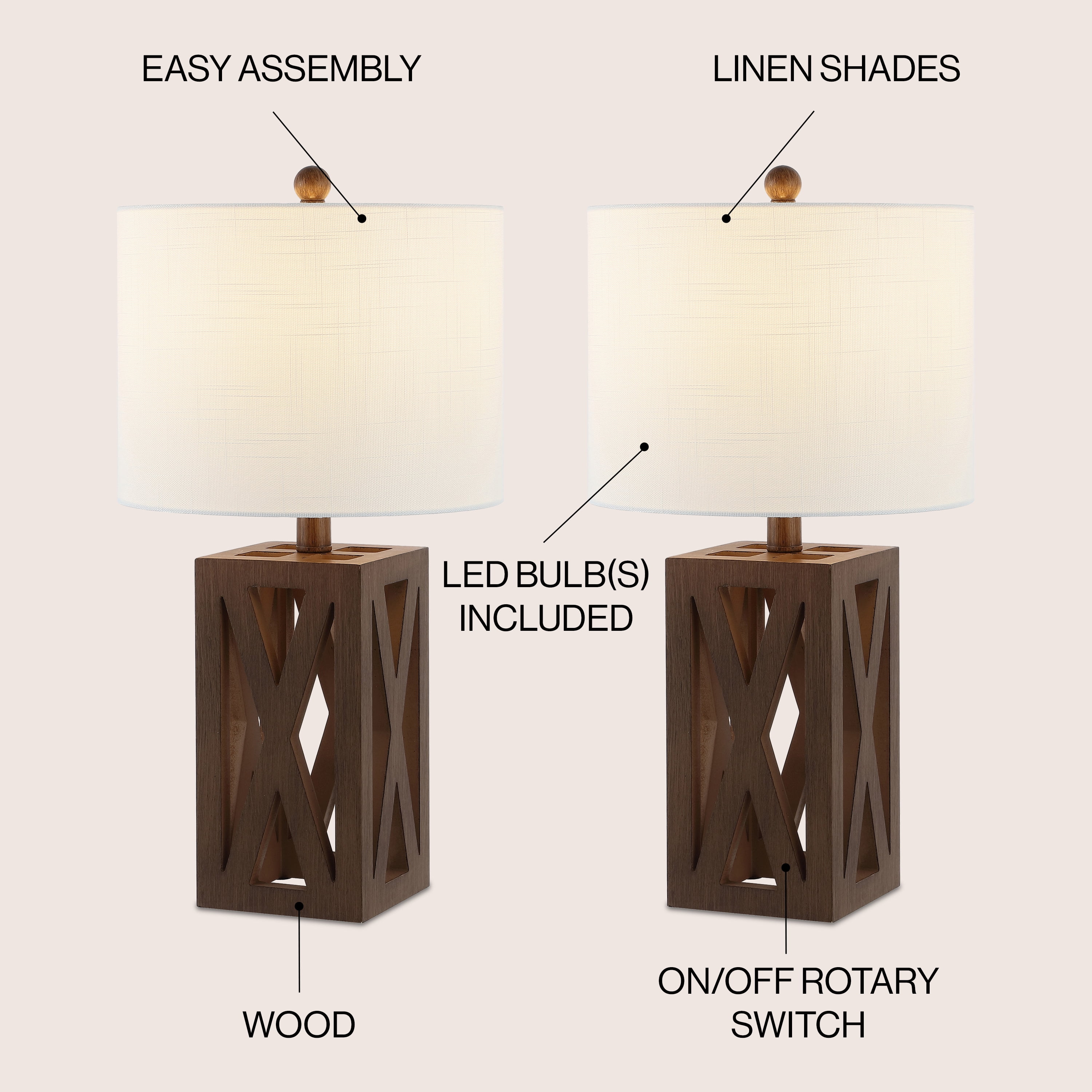 JONATHAN Y Stewart 21.5" Farmhouse Wood LED Table Lamp, Brown (Set of 2), JYL1062A-SET2