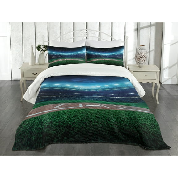 Ambesonne Sports Quilted Bedspread Set 3 Pcs, Baseball Stadium Night, Queen Size, Green Blue