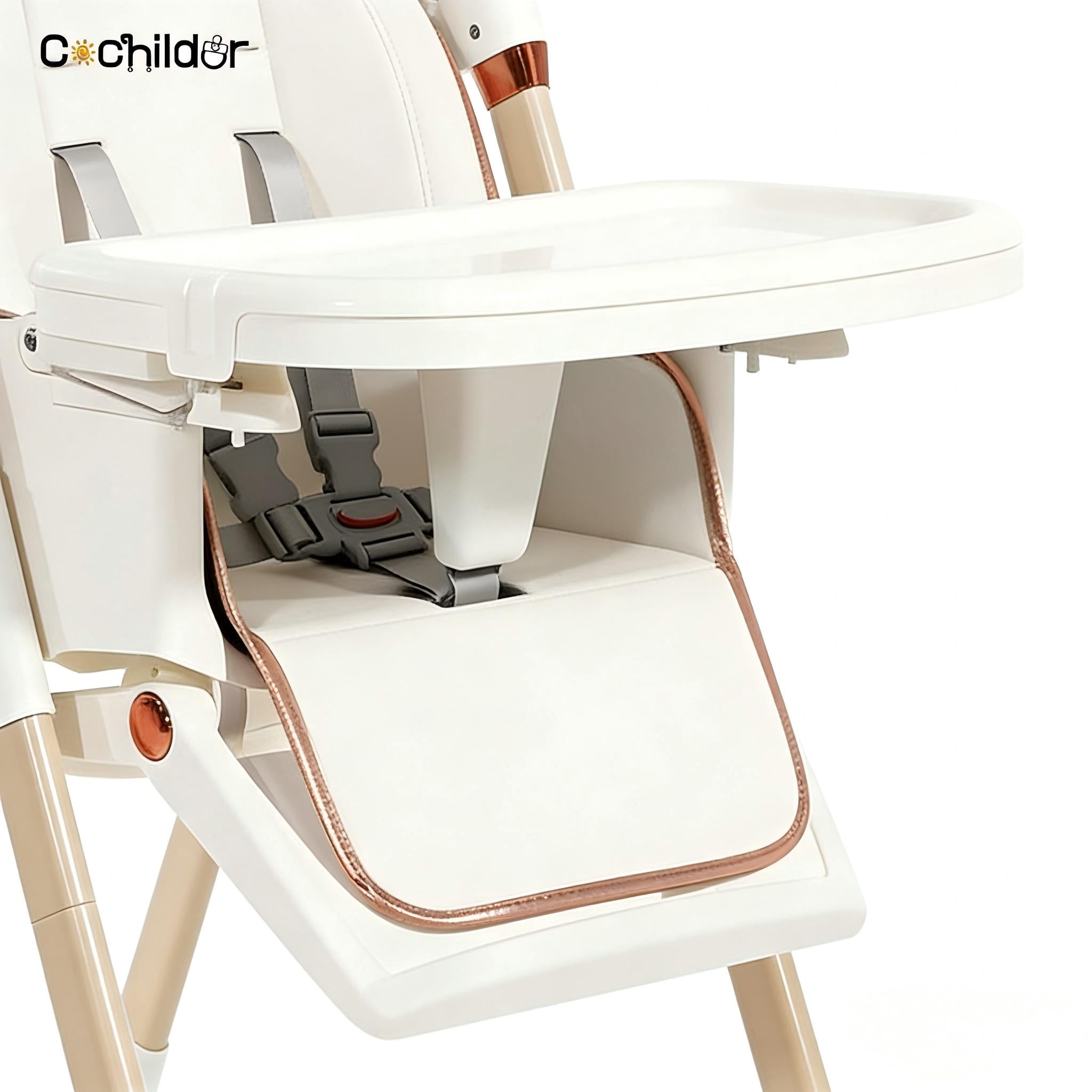Clearance Cochildor Foldaway 3-in-1 High Chair for Babies & Toddlers, with 5 Point Harness, Tray, Foot Rest and Wheels, White
