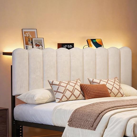 Pinmoco Queen Upholstered Headboard with Storage, LED Lights and Charging Station, Beige Striped Corduroy, Height Adjustable, Easy Assembly
