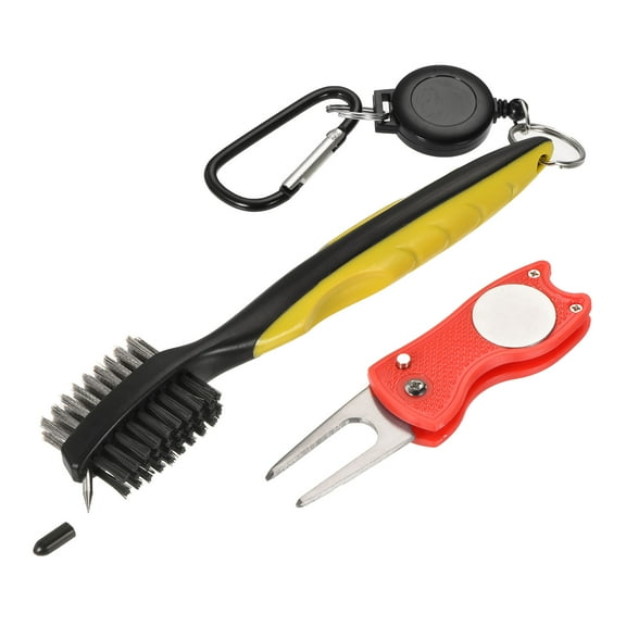 Uxcell Double Sided Retractable Dust Groove Cleaner with Divot Tool Golf Club Brush Yellow Red
