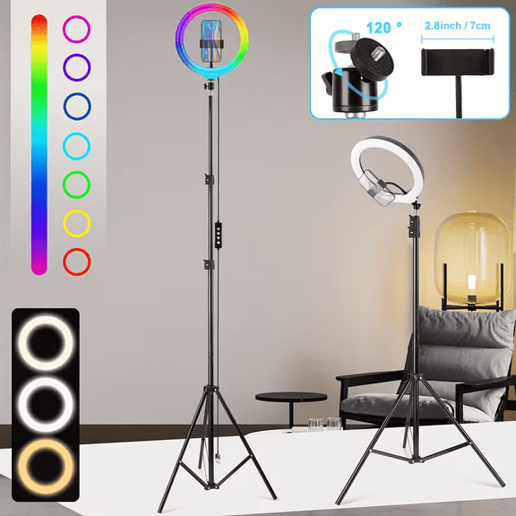 UEGOGO 10" Ring Light with 63" Tall Stand - 30 Color Modes for Live Streaming/Makeup/TikTok/Video Calls | RGB Selfie Lighting Kit