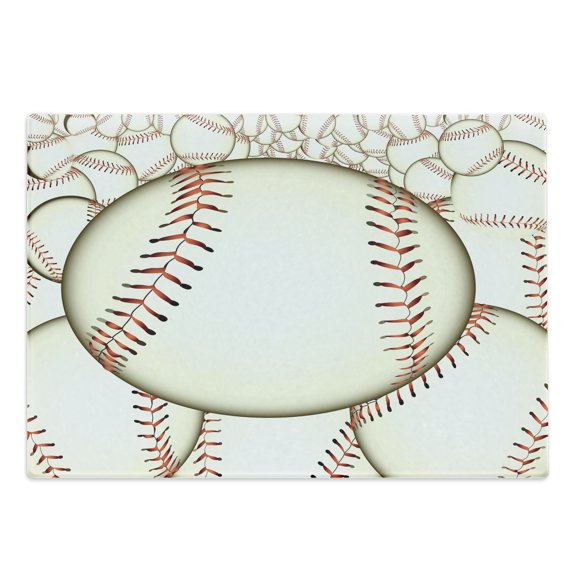 Baseball Cutting Board, Pattern of Baseball Balls Background Home Run Rules of the Game Success Score Print, Decorative Tempered Glass Cutting and Serving Board, Large Size, Cream Red, by Ambesonne
