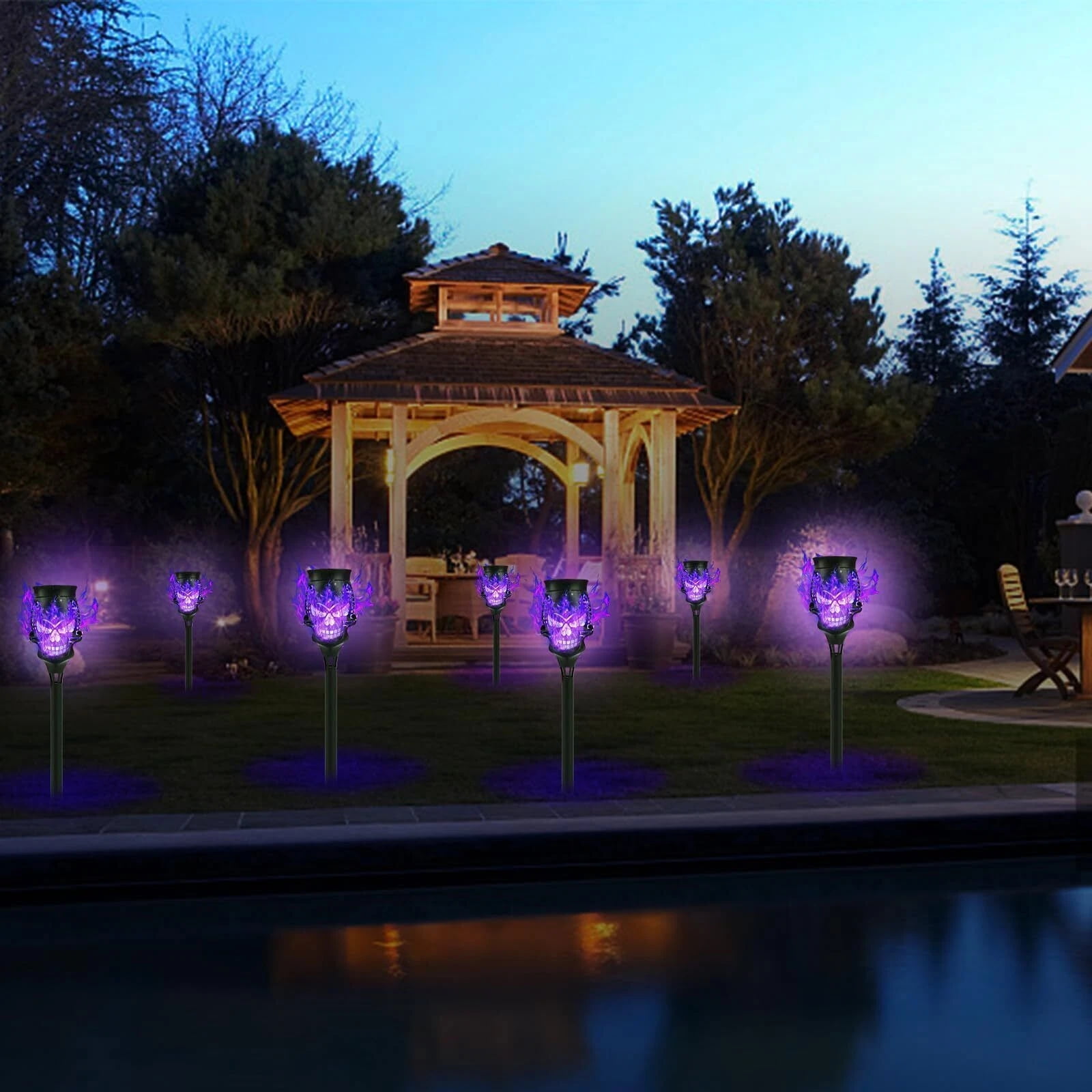 Halloween Solar Torch Lights, 4-Pack Flickering Flame Outdoor Lighting - Waterproof Pathway & Garden Decor, Purple Skull Design