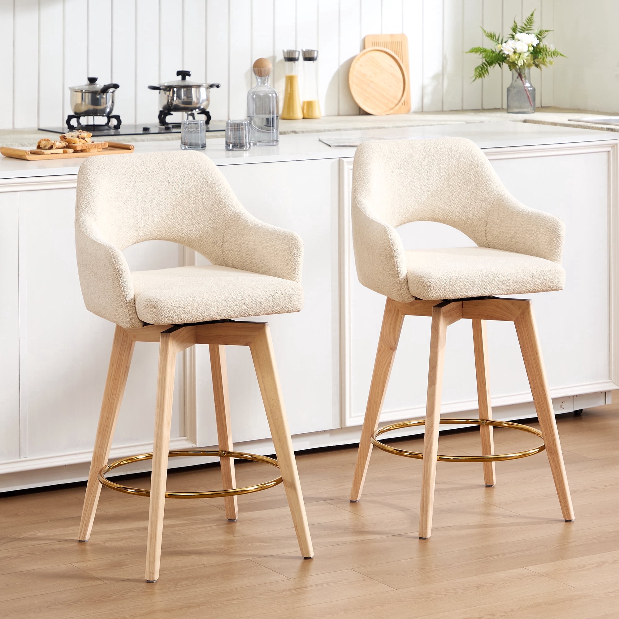 Zesthouse 26.8″ Swivel Counter Height Bar Stools Set of 2, Upholstered Linen Bar Stools with Back and Wood Legs, Mid Century Modern Barstool Island Chairs for Kitchen Counter, Beige