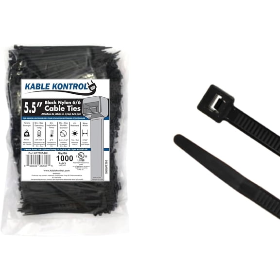 Kable Kontrol Black Zip Ties - 5.5" Inch Long - UV Resistant - 40 Lbs Tensile Strength - 1000 pc Pack