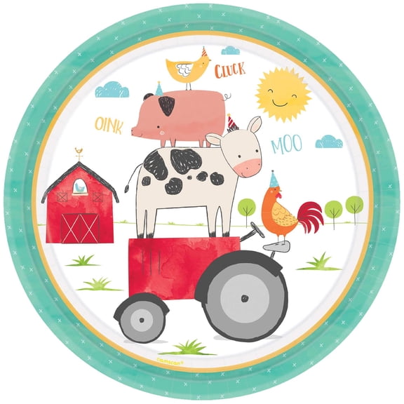 amscan Barnyard Disposable Round Paper Plates, 10.5"- 8 pcs.