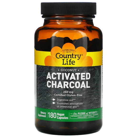 Country Life Activated Charcoal, Coconut, 180 Vegan Capsules (260 mg per Capsule)