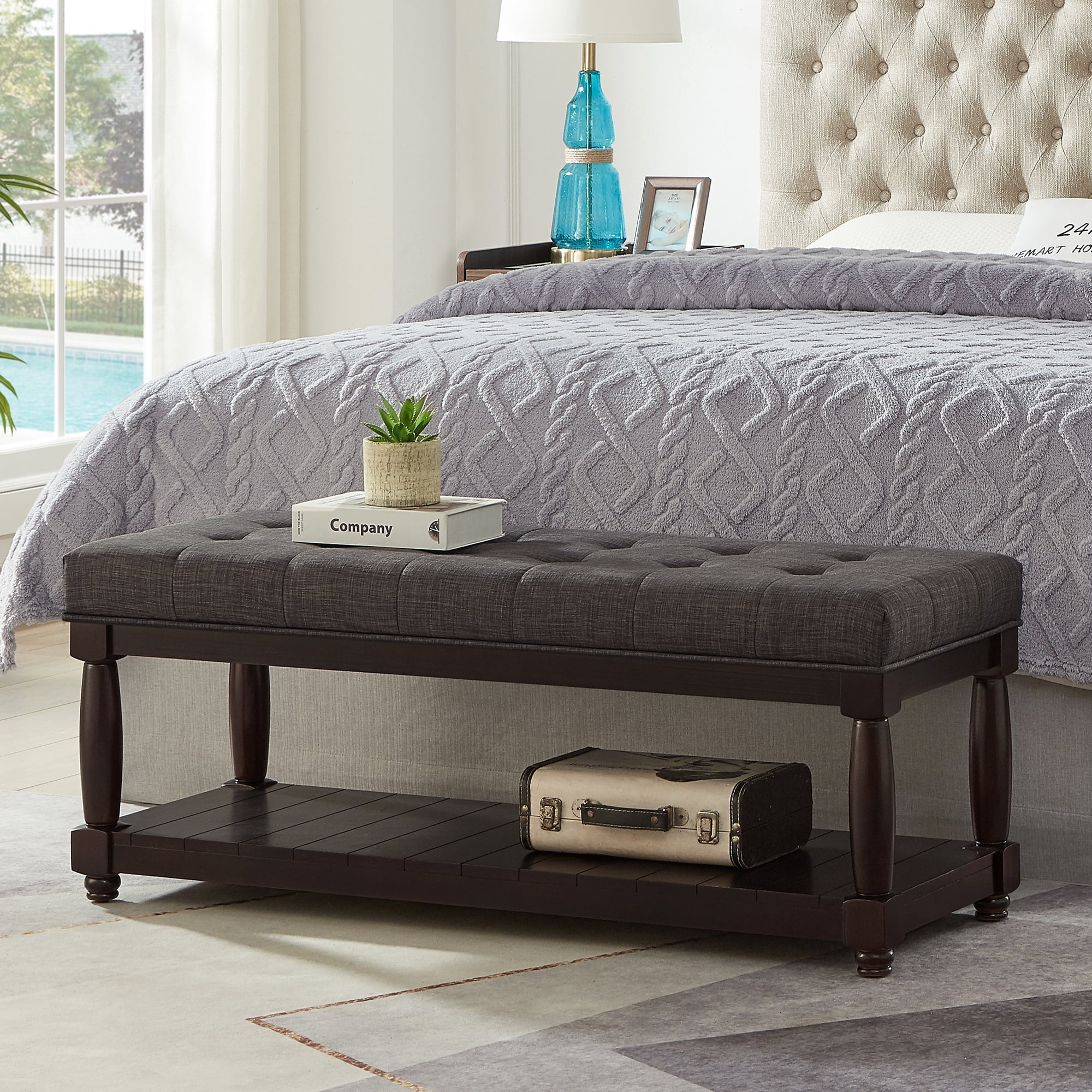 Leumius Upholstered Linen Bench with Storage Shelf, Solid Wood Spindle Legs Accent Furniture Tufted Ottoman Bench for Bedroom Entryway Living Room Dark Gray