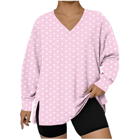 Womens Plus Size Oversized T-Shirts, V Neck T Shirts for Women Fall Fashion Polka Dots Printed Side Slit Long Sleeve Tunic Tops