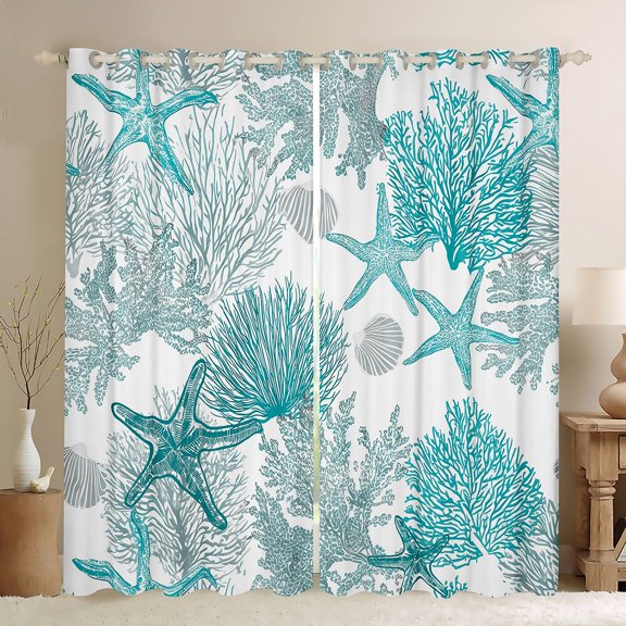 Manfei Simple Teal Starfish Coral Seashell Black Out Curtains for Kids Boys and Girls, Coastal Curtains Pack of 2 (42x63 Each)
