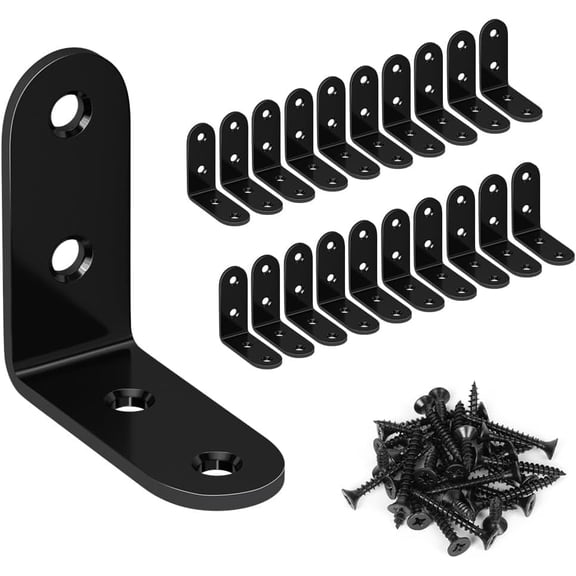 LuckIn 20 Pack L Bracket Stainless Steel Corner Brace 1.57 x 1.57 inch Right Angle L Shape Brackets for Wooden Furniture Bedframe Cabinet Drawer Chair with 80 Pcs Screws, Black