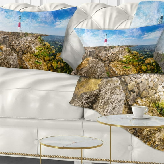 Designart Portland Bill Lighthouse - Landscape Printed Throw Pillow - 12x20