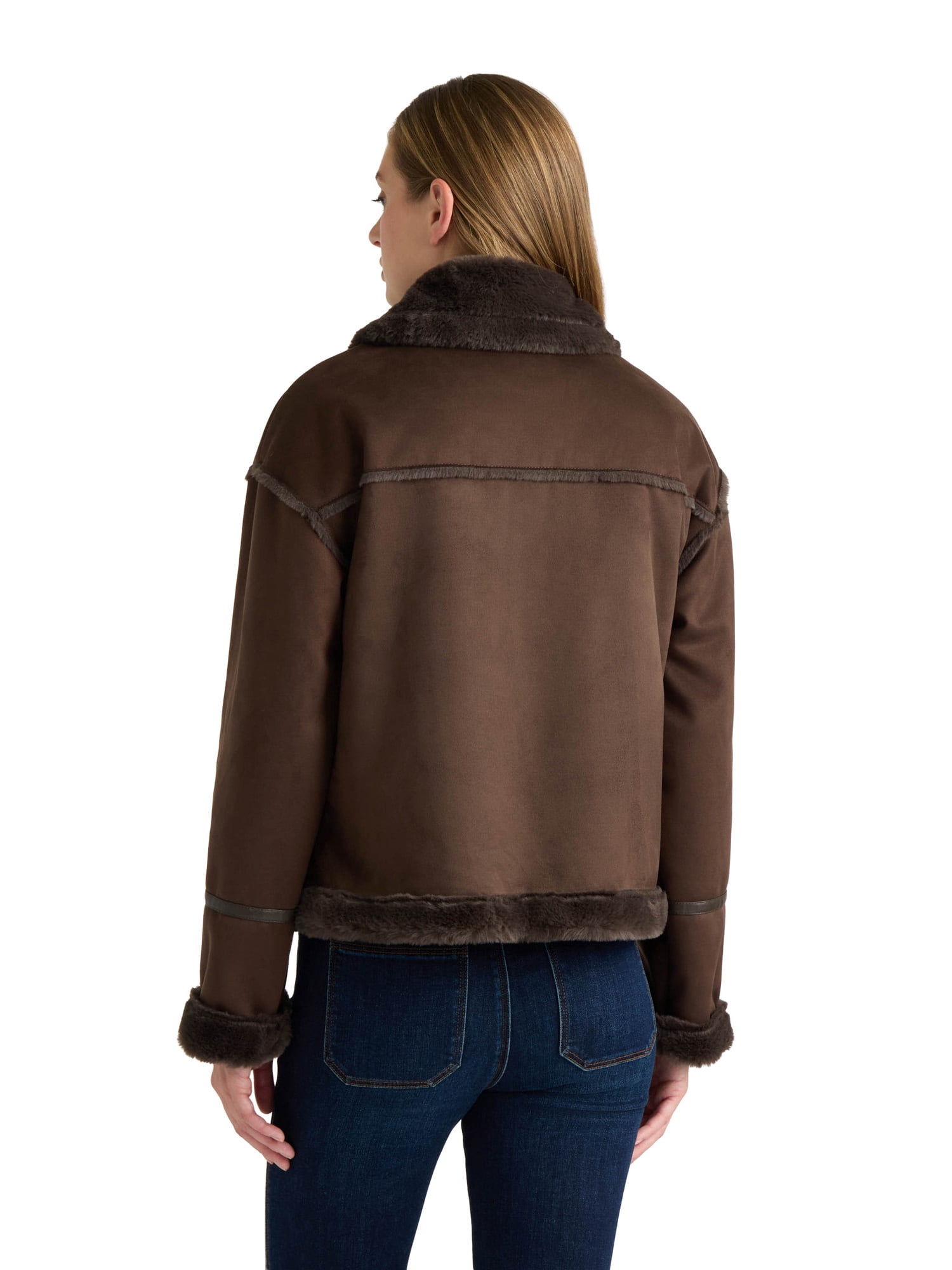 NOVELTI Womens Faux Shearling Short Zip Up Biker Jacket