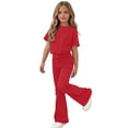 thumbnail image 6 of FRSASU Girl's Tracksuit Set 2 Piece Outfits Summer Short Sleeve Tops and Wide Leg Flare Pants Sets for Kids 5-15 Years Red, 6 of 7