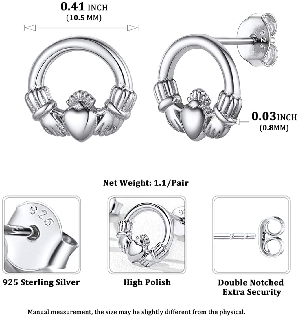 ChicSilver Celtic Claddagh Earrings for Women Hypoallergenic 925 Sterling Silver Love Heart Stud Earrings Dainty Tiny Celtic Irish Jewelry