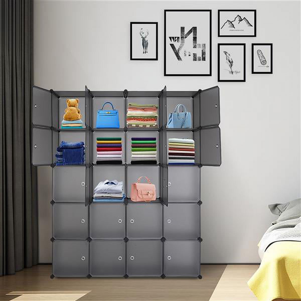 20-Cube Modular Storage Organizer - DIY Stackable Plastic Shelves with Hanging Rod, Multifunctional for Bedroom/Office/Kids Room (Gray)