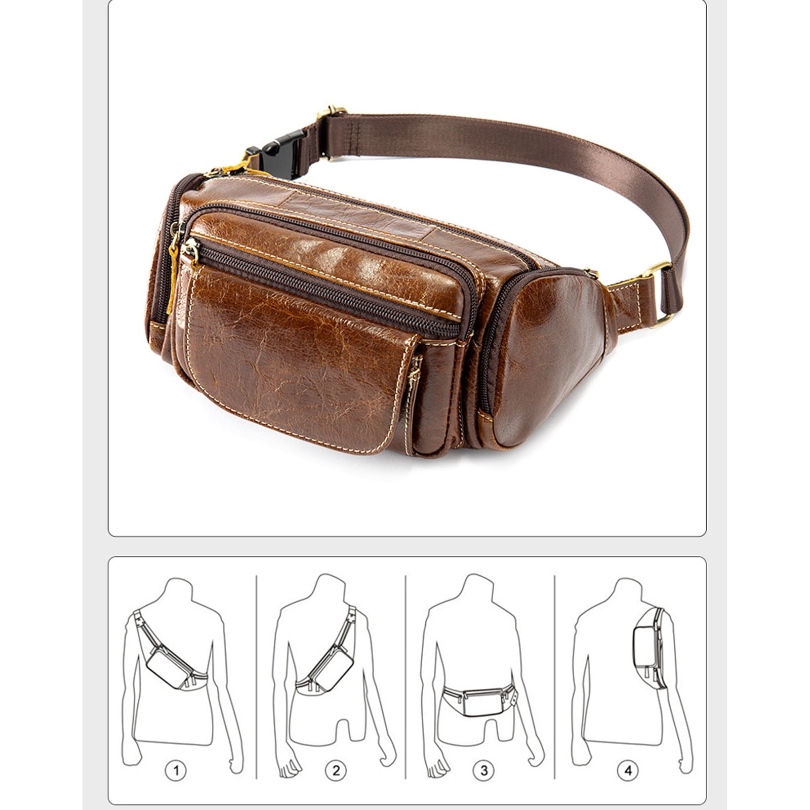 Men’s Genuine Leather Fanny Pack Multi-Pocket Waist Bag with Adjustable Strap and Metal Zipper – Oil Coffee, Dark Coffee, Brown