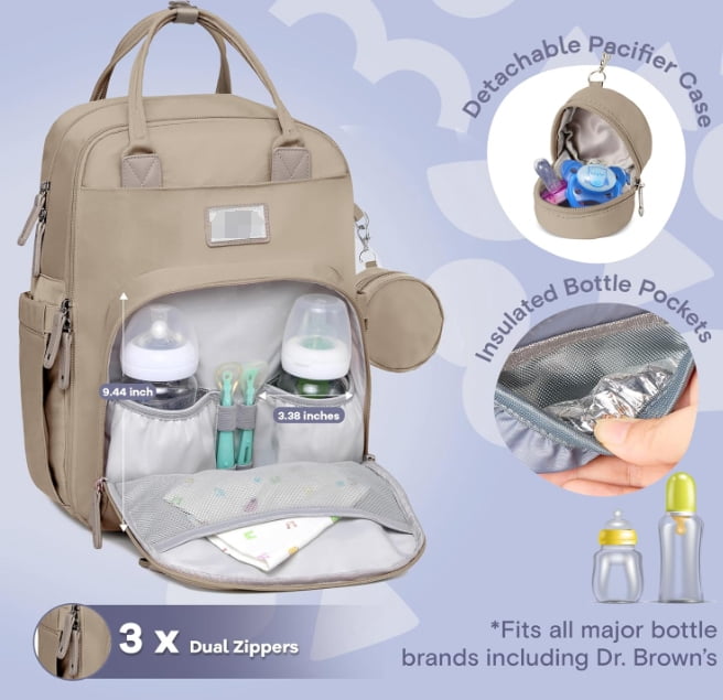 RKXQTDiaper Bag Backpack, Multifunction Travel Pack Maternity Baby Changing Bags, Large Capacity, Waterproof, Clay