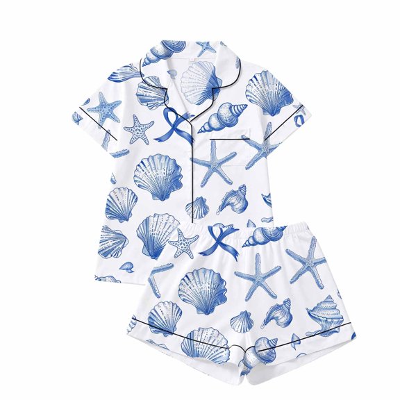 Yuncity Cute Pajama Sets For Women 2 Piece Ocean Print Summer Short Sleeve Button Up Top With Shorts Pjs Sleepwear Loungewear Nightwear,Size S-2Xl Black