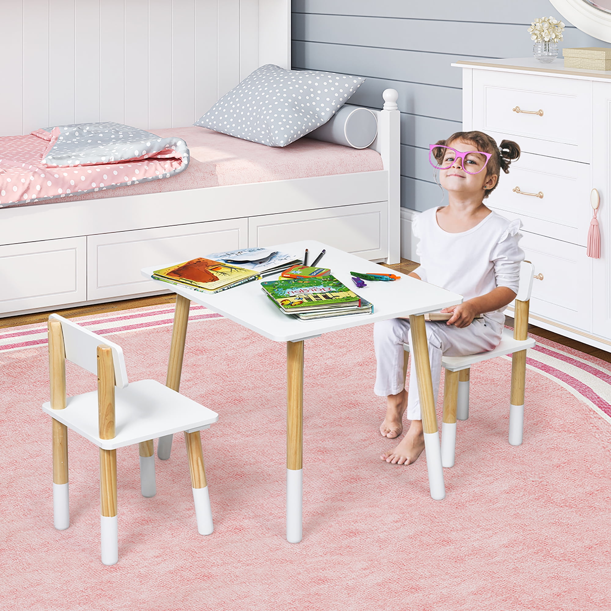 Costway Kids Wooden Table 2 Chairs Set Children Activity Table Set Walmart