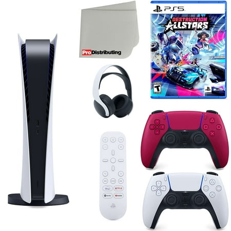 Sony Playstation 5 Digital Version (Sony PS5 Digital) with Cosmic Red Extra Controller, Headset, Media Remote, Destruction Allstars and Microfiber Cleaning Cloth Bundle