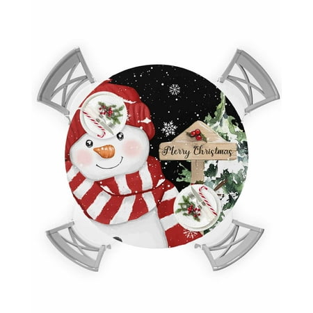 

Round Tablecloth with Elastic Merry Christmas Red Snowman Xmas Tree Snowflake Black Waterproof Table Cover Wipeable Fitted Table Cloths for 45 -54 Round Tables Dining Kitchen Indoor Outdoor Use
