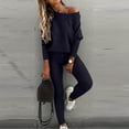 thumbnail image 2 of VEKDONE Solid Color Sweatshirt Set 2025 Clearance Sexy Off Shoulder Loose Fit 2 Piece Outfits Long Sleeve Crewneck Tops and Sweatpants Match Sets Dark Blue S, 2 of 4